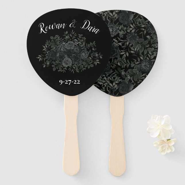 White and Black Rose Gothic Wedding Fans (Front and Back)