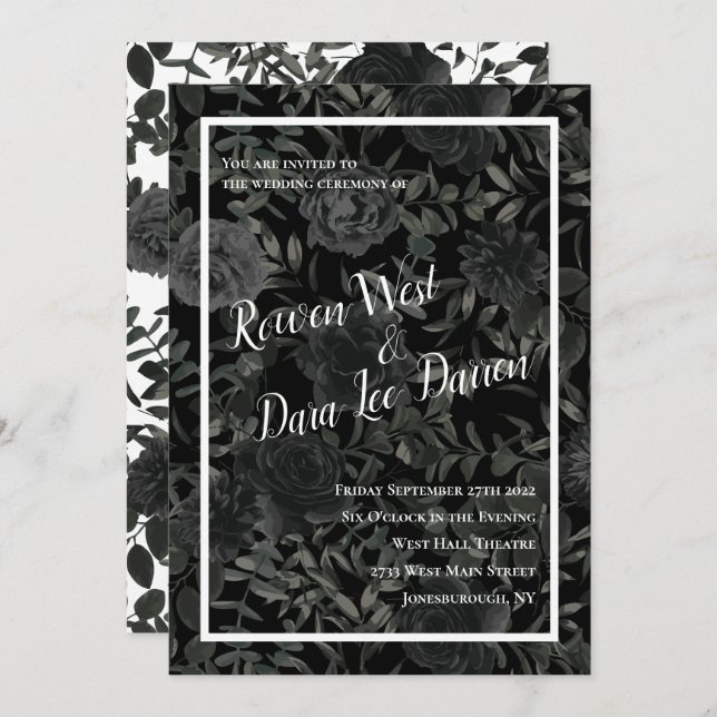 White and Black Rose Gothic Wedding Invitations (Front/Back)