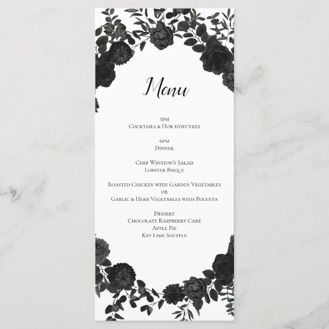 White and Black Rose Gothic Wedding Menu (Front)