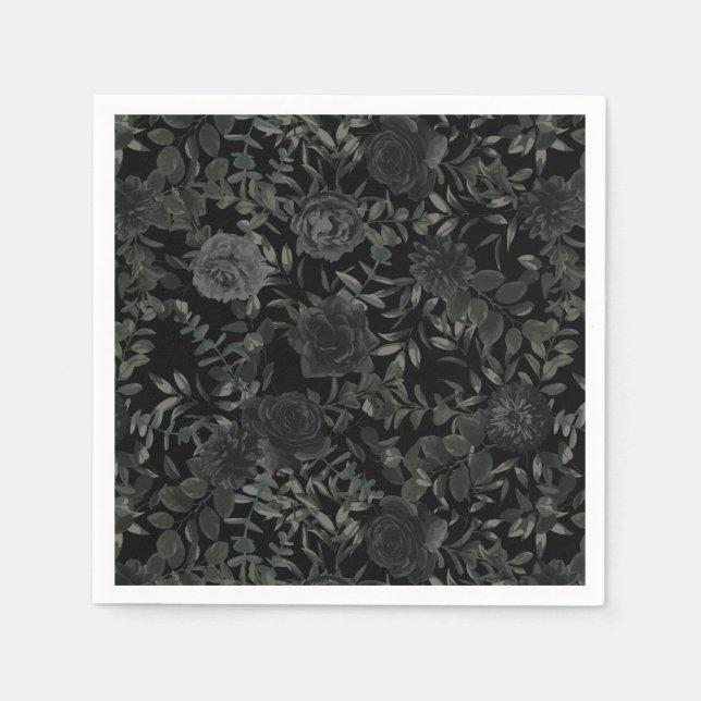 White and Black Rose Gothic Wedding Napkins (Front)