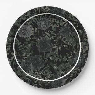 White and Black Rose Gothic Wedding Paper Plates