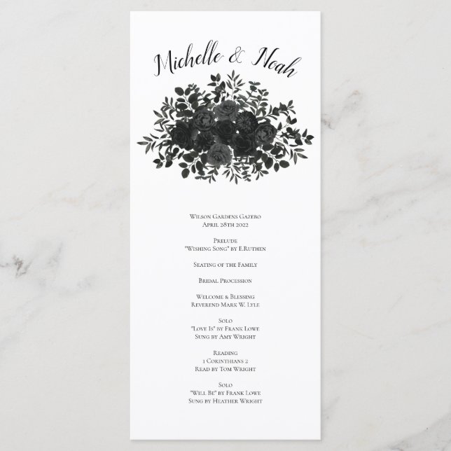 White and Black Rose Gothic Wedding Programs (Front)