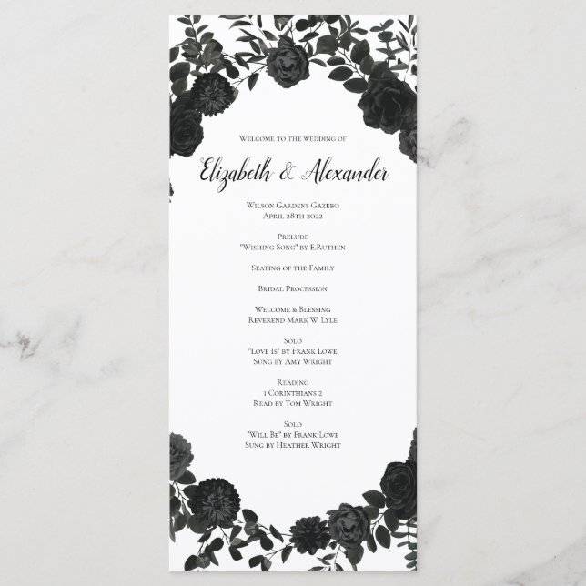 White and Black Rose Gothic Wedding Programs (Front)