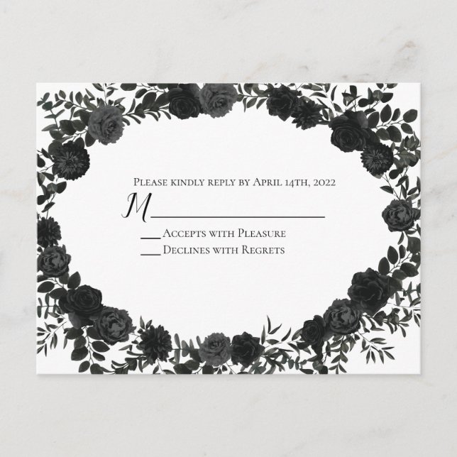 White and Black Rose Gothic Wedding Reply Card (Front)