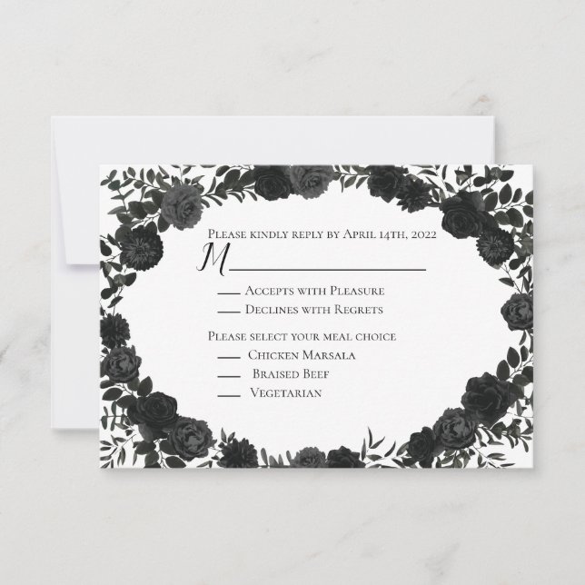 White and Black Rose Gothic Wedding Reply Card (Front)