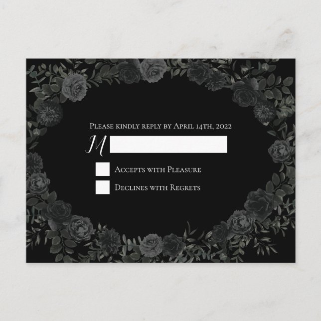 White and Black Rose Gothic Wedding Reply Card (Front)