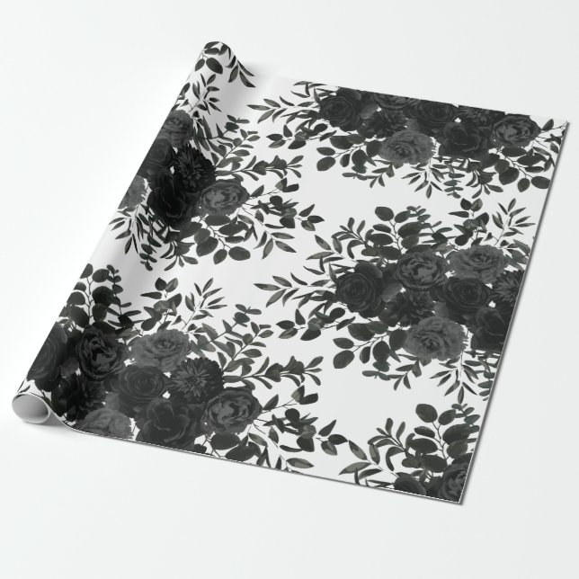 White and Black Rose Gothic Wedding Wrapping Paper (Unrolled)