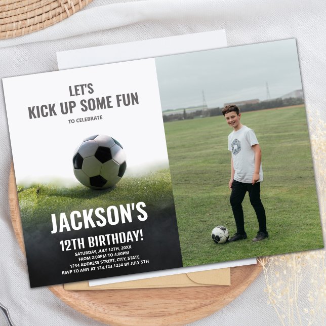 White and Black Soccer Birthday Invitation (White Black Soccer Birthday Invitations w photo)