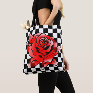 White And Black Square And Red Rose Tote Bag