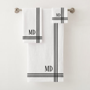 White and Black Striped Custom Initials Simple Bath Towel Set