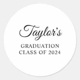 White and Black Stylish Script Graduation Classic Round Sticker