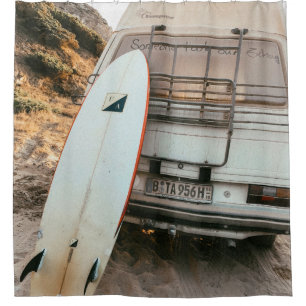 White and black surfboard shower curtain