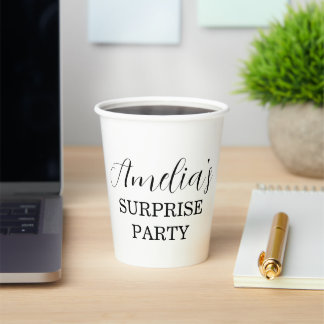 White and Black Surprise Birthday Party Paper Cups