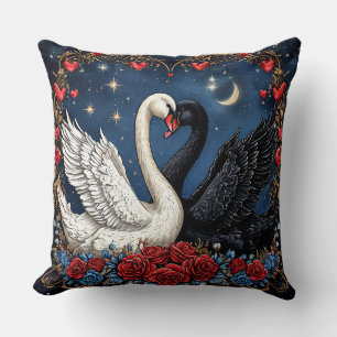 White and Black Swans with Hearts and Roses Cushion
