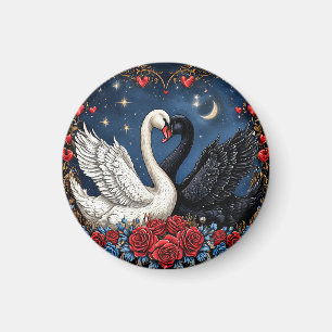 White and Black Swans with Hearts and Roses Magnet