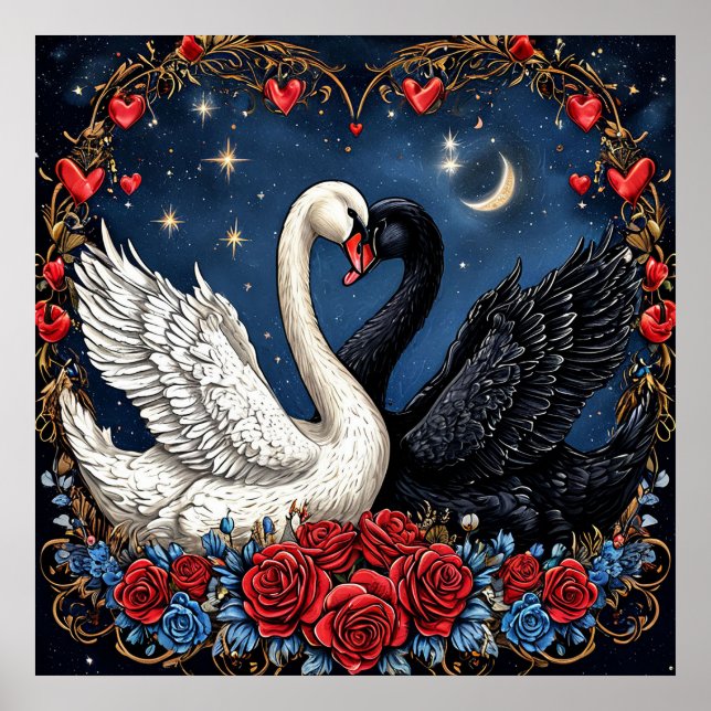 White and Black Swans with Hearts and Roses Poster (Front)