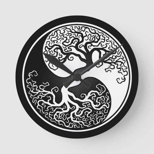 White and Black Tree of Life Yin Yang Round Clock (Front)