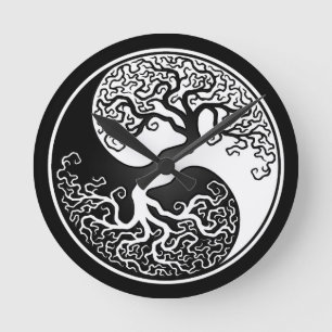 White and Black Tree of Life Yin Yang Round Clock
