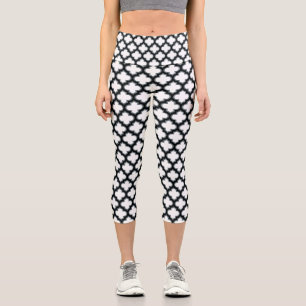 White and Black Trellis, Lattice, Quatrefoil Capri Leggings