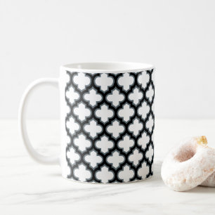 White and Black Trellis, Lattice, Quatrefoil Coffee Mug