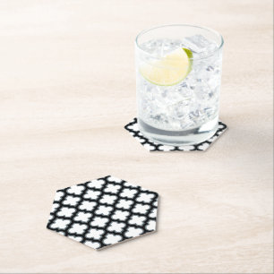 White and Black Trellis, Lattice, Quatrefoil Paper Coaster