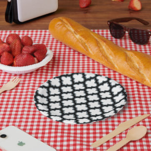 White and Black Trellis, Lattice, Quatrefoil Paper Plate