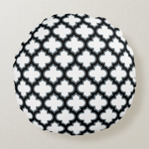 White and Black Trellis, Lattice, Quatrefoil Round Cushion