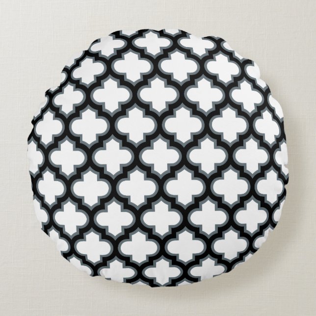 White and Black Trellis, Lattice, Quatrefoil Round Cushion (Front)