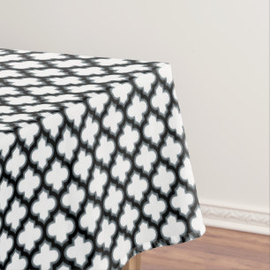White and Black Trellis, Lattice, Quatrefoil Tablecloth