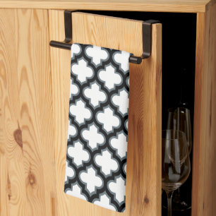 White and Black Trellis, Lattice, Quatrefoil Tea Towel