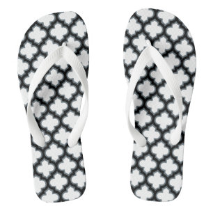White and Black Trellis, Lattice, Quatrefoil Thongs
