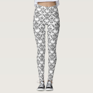 White and Black vintage damask pattern Leggings
