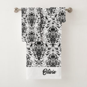 White and Black Vintage Ornamental Damask Pattern Bath Towel Set