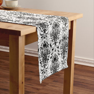 White and Black Vintage Ornamental Damask Pattern Medium Table Runner