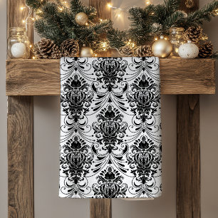 White and Black Vintage Ornamental Damask Pattern Tea Towel