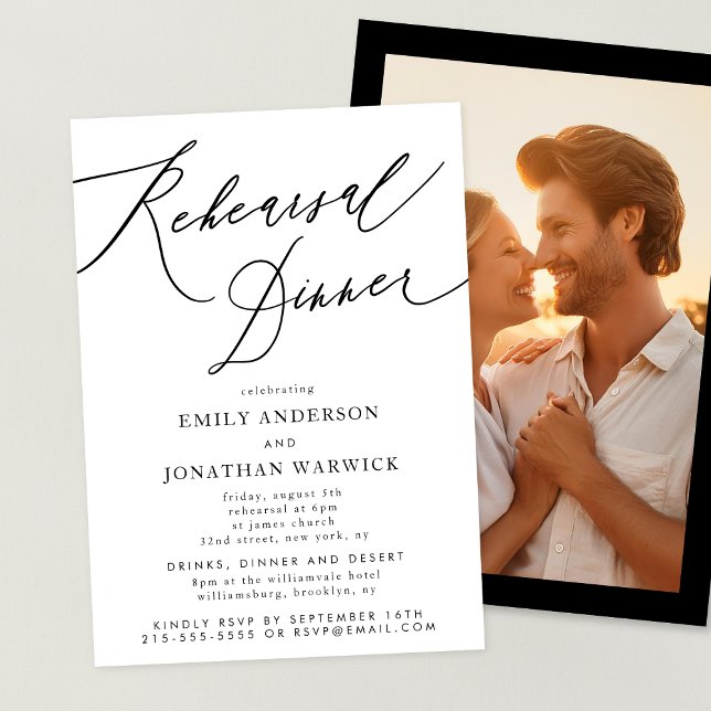 White and Black Wedding Rehearsal Dinner Photo Invitation (Creator Uploaded)