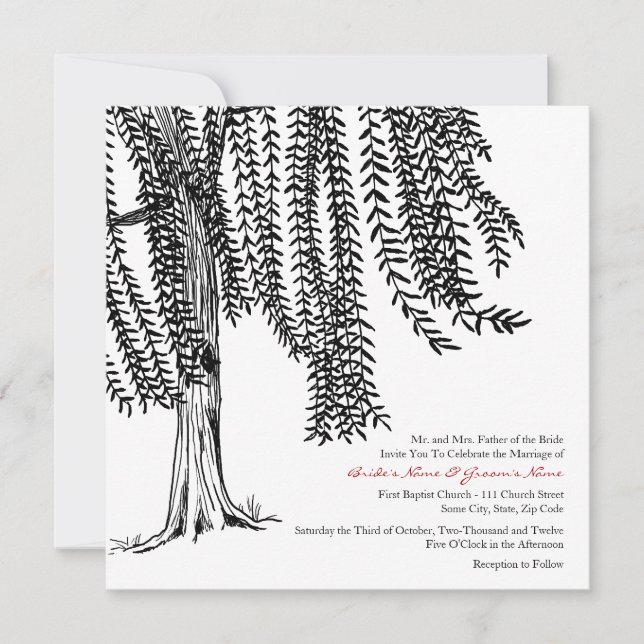 White and Black Willow Tree Wedding Invitation (Front)