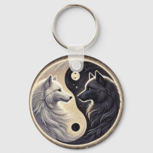 White and Black Wolves Representing Yin and Yang Key Ring