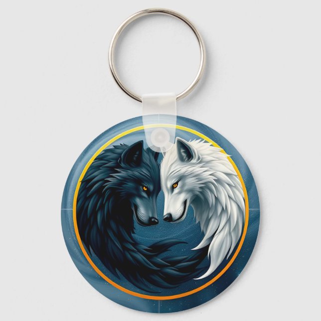 White and Black Wolves Representing Yin and Yang Key Ring (Front)