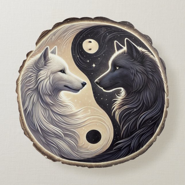 White and Black Wolves Representing Yin and Yang Round Cushion (Front)