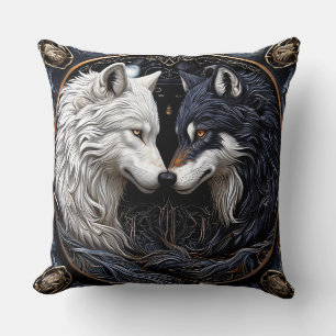 White and Black Wolves Symbolising Duality Cushion