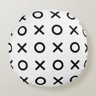 White and Black Xs and Os Round Cushion