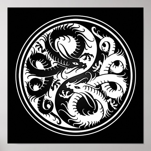White and Black Yin Yang Chinese Dragons Poster (Front)