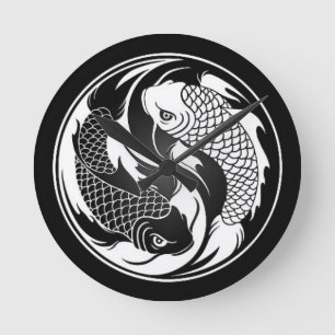 White and Black Yin Yang Koi Fish Round Clock