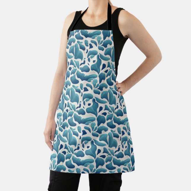 White and Blue Abstract Leaves | Coastal Pattern Apron (Insitu)
