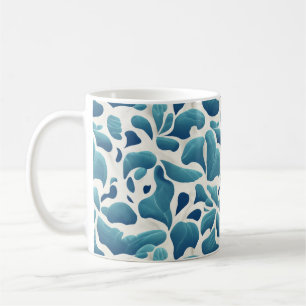 White and Blue Abstract Leaves Coastal Pattern Coffee Mug
