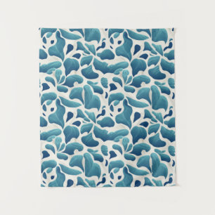White and Blue Abstract Leaves Coastal Pattern Tapestry