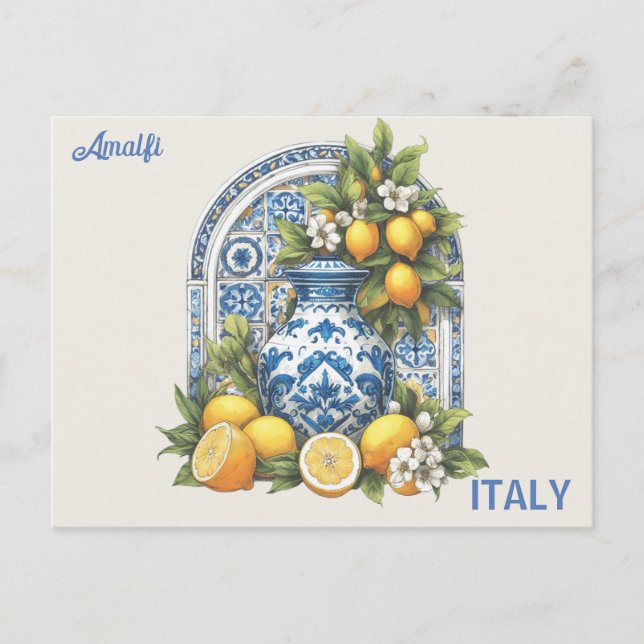 White and Blue Amalfi Ceramic Vase Lemons Italy Postcard (Front)