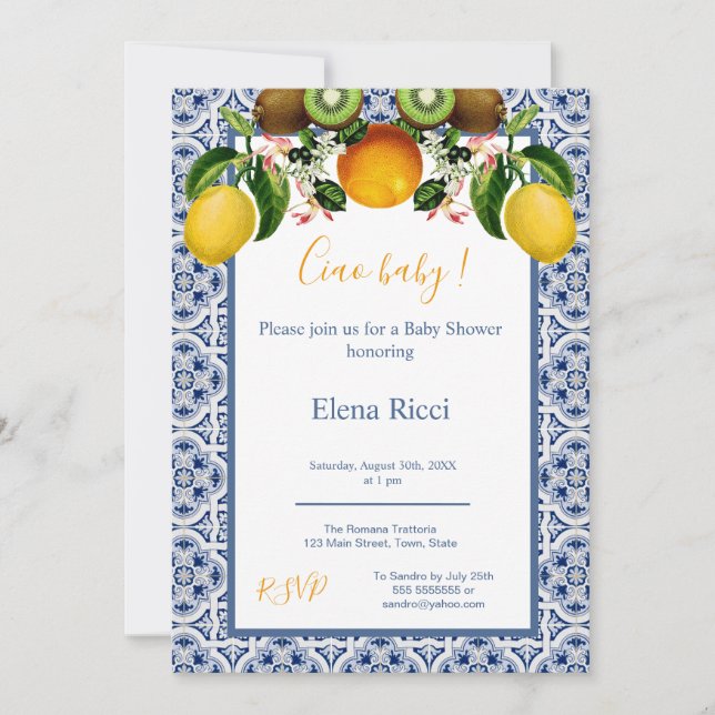 White and Blue Amalfi Lemons Italy Baby Shower  Invitation (Front)