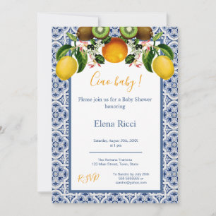 White and Blue Amalfi Lemons Italy Baby Shower Invitation